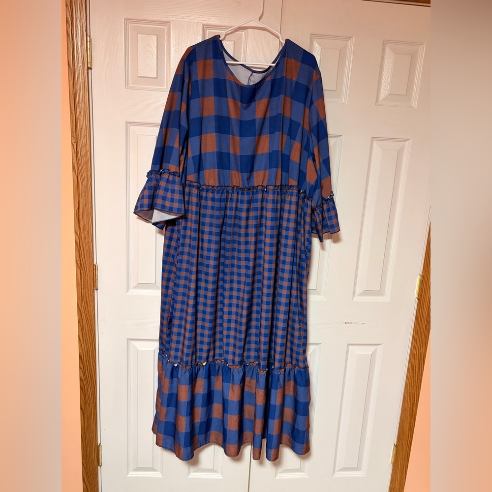 SHEIN Blue and Brown Plaid Long Sleeve Dress